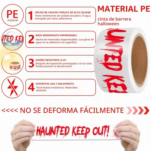 Vista 3 de Cinta de precaución para decoración de Halloween, HAUNTED KEEP OUT rollo de precaución sangriento blanco de escena del crimen de 2 pulgadas x 82
