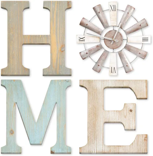 Vista 9 de Letreros de casa de campo con reloj de molino de viento, decoración de pared, letras rústicas para el hogar, arte de pared para sala de estar, Negro