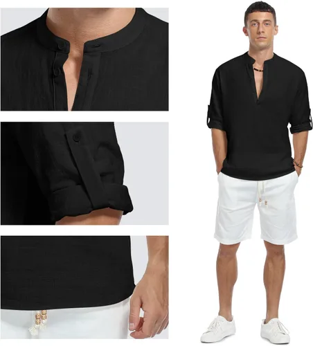 Vista 4 de KUYIGO Camisas Henley de manga corta para hombre, estilo casual, de algodón, de lino, con botones, regular, hippie, playera