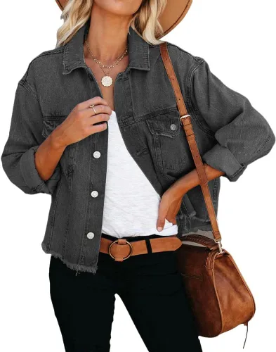 Vista 6 de Chaqueta de mezclilla para mujer, chaqueta de camionero clásica, botón deshilachado, recortada, suelta #0921-azul claro