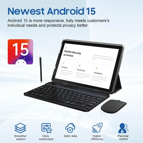Vista 3 de Tableta Android 2 en 1 12 GB RAM+64 GB ROM Tablets 10 pulgadas Android 15 Tablet Set, tabletas con funda de teclado ratón Stylus, 10.1 IN HD