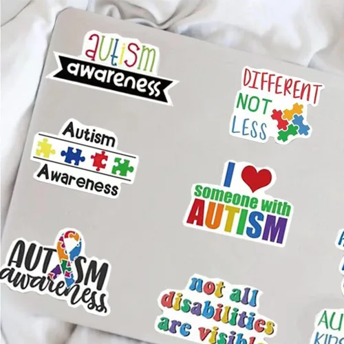 Vista 6 de Calcomanías de autismo 50 calcomanías de vinilo impermeables para concientización del autismo para botellas de agua, laptop, equipaje