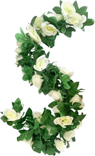 Vista 9 de Paquete de 2 guirnaldas de rosas artificiales de vid de rosas falsas, plantas y vides, decoración de hojas florales para decoración de bodas