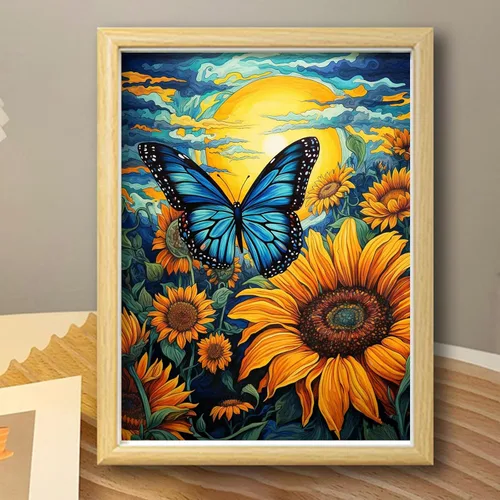 Vista 4 de Maripabon Kit de pintura de diamantes de girasoles 5D para adultos, diseño de mariposas y diamantes redondos, arte de animales, flores, arte