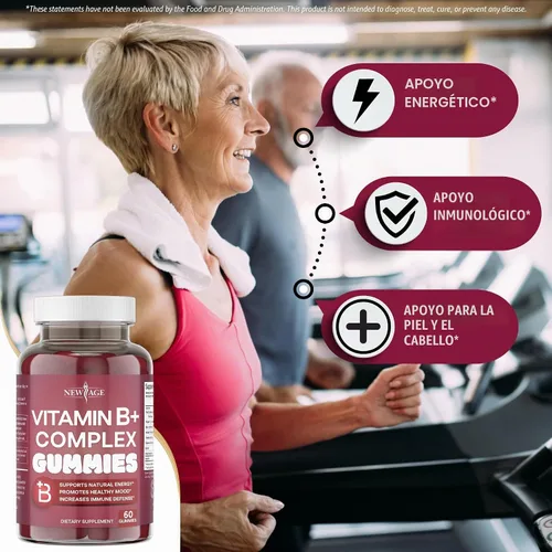 Vista 3 de NEW AGE - Gomitas de complejo de vitamina B con vitamina B3, B5, B6, B7, B9 y B12, con biotina, ácido fólico y vitamina C, sin gluten, veganas