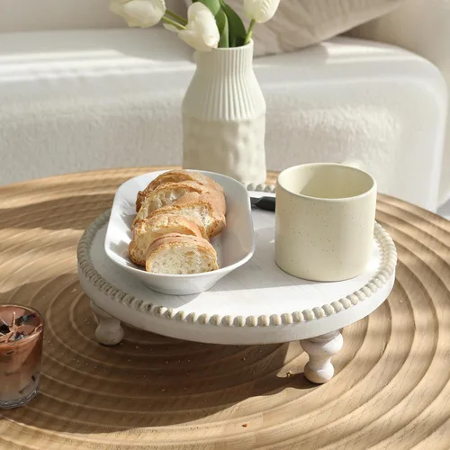 Vista 2 de SwallowLiving Soporte de Pie de Bandeja Redonda Blanca Rústica de Madera con Borde de Cuentas Estilo Granja con Acabado Blanco Lavado