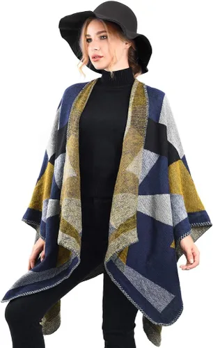 Vista 5 de OOPOR Chal cálido de invierno para mujer, capa de lana de punto para otoño, ponchos a cuadros, suéter, bufanda de forro polar