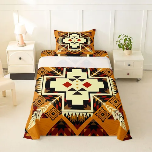 Vista 69 de Juego de sábanas occidentales tamaño individual, sábana bajera azteca, estilo nórdico exótico, bohemio, diseño de tribu india, geometría étnica