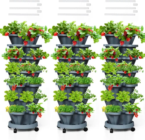 Vista 25 de Macetas verticales de fresa, paquete de 2 unidades, torre apilable de 5 niveles con poste de soporte, macetas apilables para hierbas y verduras