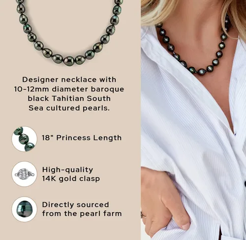 Vista 5 de The Pearl Source Collar barroco de perlas de Tahití para mujer, collar de perlas de oro de 14 quilates, collar de perlas de 18 pulgadas de longitud