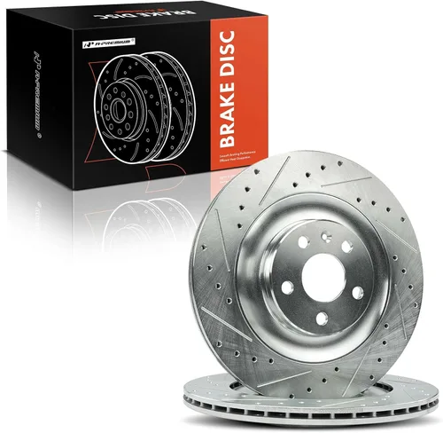 Vista 8 de A-Premium Rotores de freno de disco perforados y ranurados traseros de 13.38 pulgadas (13.386 in) compatibles con modelos seleccionados de Volvo