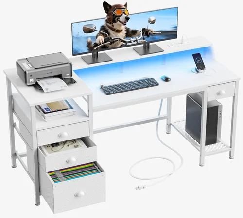 Vista 8 de Furologee Escritorio para juegos de 52 pulgadas con luces LED y tomas de corriente, escritorio reversible para computadora con 4 cajones, archivador