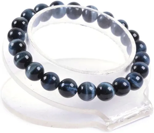 Vista 2 de Brazalete Justinstones de piedras semipreciosas, gemas de 8 mm, redondas, elástico, de 7 pulgadas, unisex Ojo de tigre azul de grado A