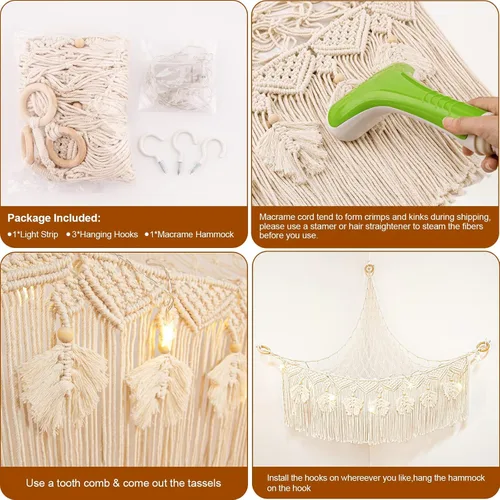 Vista 6 de ANROYE Hamaca de Red de Juguetes de Animales de Peluche de Macramé con Luz de Estrella, Almacenamiento Boho de Peluches Pequeños para Guardería