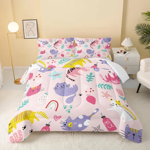 Vista 18 de QOOMO Edredón floral de gato tamaño Twin, juego de ropa de cama de gato rosa para niños, adolescentes y niñas, juego de ropa de cama de 3 piezas