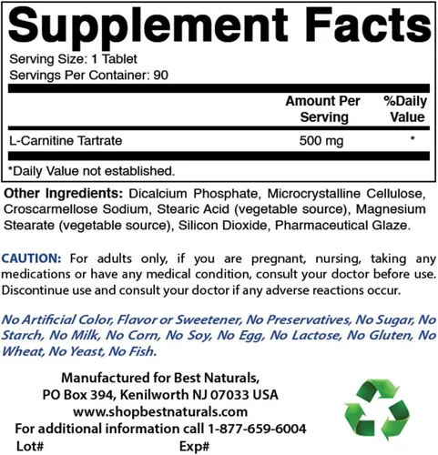Vista 2 de Best Naturals Tartrato de L-carnitina 500 mg 90 comprimidos (90 unidades (paquete de 3))