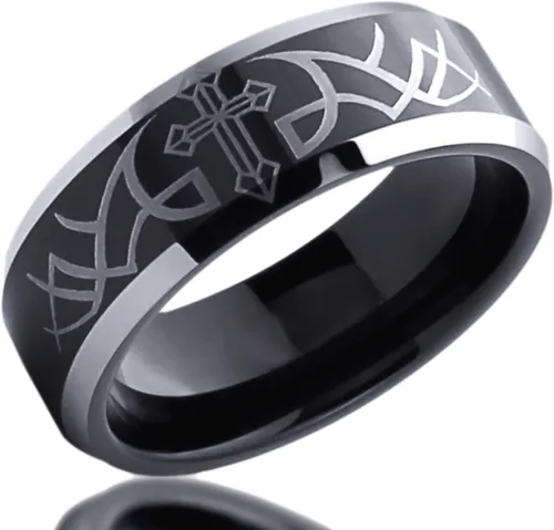 Vista 3 de Anillo de boda de titanio personalizado con grabado gratuito de 0.315 in, espina con cruz negra