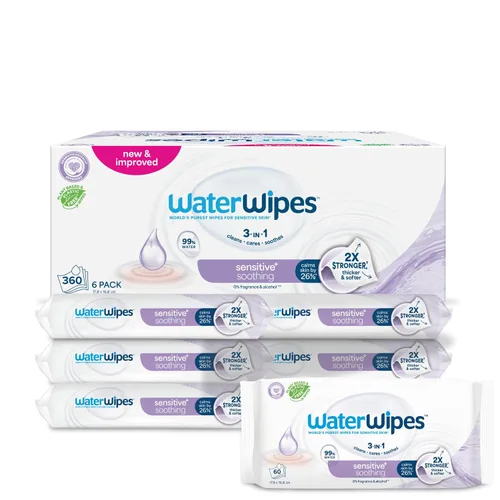 Vista 15 de WaterWipes Toallitas Sensibles+ Impulso Hidratante, 3-En-1 Limpia, Cuida, Hidrata, 99% de Agua con Aloe Vera, Toallitas para Bebé Sin Perfume