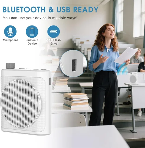 Vista 9 de Amplificador de voz inalámbrico de 15 W con 2 micrófonos magnéticos Lavalier y reducción de ruido, sistema Bluetooth 5.3 PA para profesores, guía
