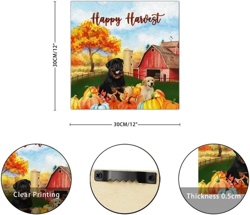 Vista 2 de Happy Harvest Labrad Doodle Dog Barn Wood Sign Fall Pumpkin Wall Plaque Pumpkin Farm Wood Panels Classic Home Wall Hanging Sign Decoration for Front