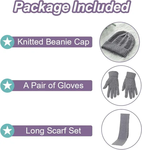 Vista 5 de The Fellie Conjunto de guantes de bufanda de invierno para mujer, gorros de punto, bufanda cálida, guantes térmicos 3 en 1