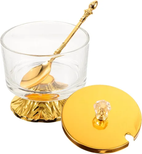 Vista 2 de Kichvoe - Recipiente de vidrio para azúcar con cuchara, recipiente para azúcar con tapa, tarro de hierro forjado para café, bar, despensa, encimera