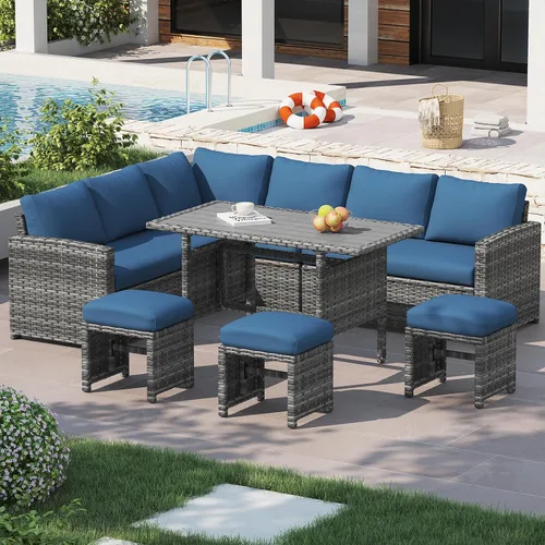 Vista 12 de U-MAX Juego de muebles de patio, 7 piezas de sofá seccional para exteriores Ratán marrón y cojín rojo