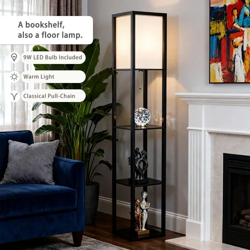 Vista 3 de Lámpara de pie con estantes, moderna lámpara de estante cuadrada con pantalla blanca, lámpara de pie de esquina para sala de estar, dormitorio