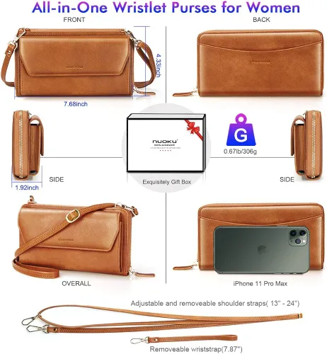 Vista 4 de nuoku Cartera RFID para mujer bolso cruzado con cremallera alrededor de 2 correas