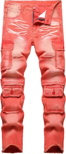 Vista 23 de Baylvn - Pantalones de mezclilla para hombre con diseño patchwork, ajustados y cómodos, estilo motociclista 3132 Camuflaje y azul