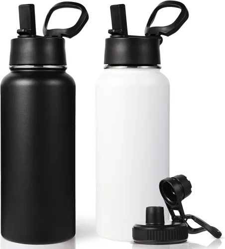 Vista 34 de Neihepal Botella de agua aislada de 32 onzas con 2 tapas (tapa con pajilla y boquilla), botellas de agua de doble pared de acero inoxidable 18/8