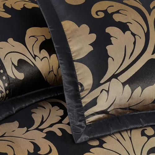 Vista 6 de Chezmoi Collection Juego de edredón floral de jacquard Royale de 7 piezas, matrimonial/doble, negro/dorado