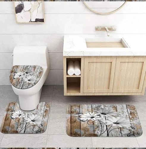 Vista 25 de JAWO Alfombra de baño con flores de granja, dalia en tablones de madera rústica, juego de tapetes de baño con flores azules, en forma de U
