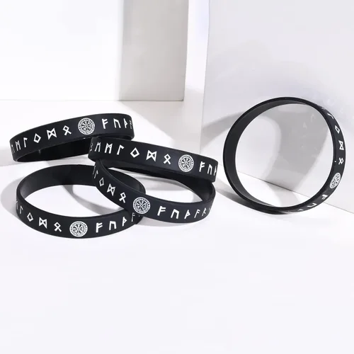 Vista 4 de MEALGUET 5 pulseras vikingas para hombre pulsera vikinga nórdica negra para hombres y mujeres, banda de goma de silicona de ajuste cómodo, joyería