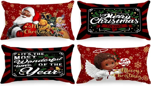 Vista 7 de Lanpn Juego de 4 fundas de almohada navideñas de Papá Noel negro de 16 x 16 pulgadas, funda de cojín decorativa de Navidad negra afroamericana de 16