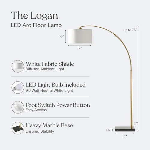 Vista 3 de Brightech Logan Lámpara de Pie de Arco, Lámpara de Pie Brillante para Salas de Estar, Oficinas y Dormitorios, Decoración Moderna de Sala de Estar
