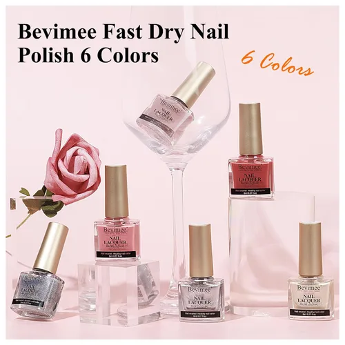 Vista 7 de Juego de esmaltes de uñas regulares de secado rápido, 6 colores plateados con purpurina metálica y esmalte de uñas de gelatina rosa y rojo nude