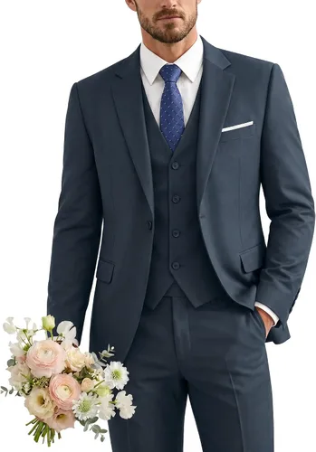 Vista 9 de Traje de 3 piezas para hombre con corbata, chaleco sólido de un botón y beige (529-beige)