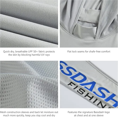 Vista 5 de BASSDASH UPF 50+ - Sudadera con capucha para hombre, protección solar UV, manga larga, rendimiento