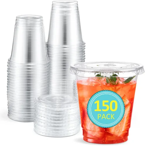 Vista 9 de Eupako 10 onzas - 100 juegos de vasos de plástico con tapas, vasos desechables transparentes con tapas, contenedores para bebidas frías, postres