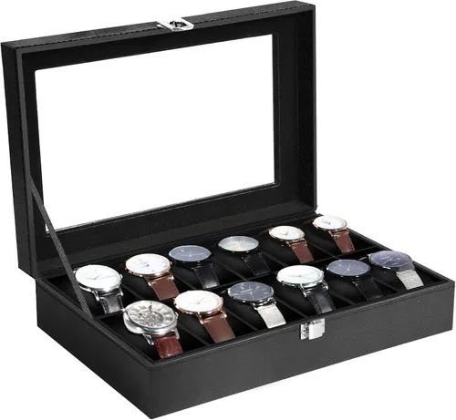 Vista 29 de Uten 12-Slot Watch Box, 2-Layers PU Leather Watch Case with Lock Negro