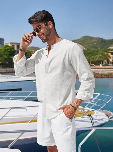 Vista 3 de COOFANDY Camisa de vestir de lino y algodón con botones para hombre manga larga casual para la playa