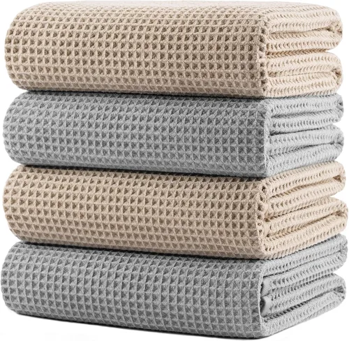 Vista 22 de POLYTE Toalla de baño de microfibra de gran tamaño de 430 GSM, de secado rápido, sin pelusas, 60 x 30 pulgadas, paquete de 4 (tejido de waffle)