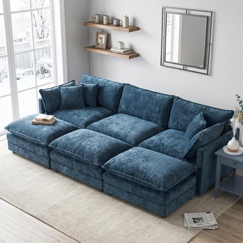 Vista 75 de Sofá individual modular de chenilla con otomana, sofá nube con almohada, color beige