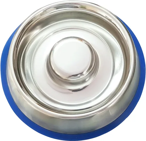 Vista 5 de Mr. Peanut's Cuenco interactivo de acero inoxidable para perros de alimentación lenta con una base de silicona azul, divertido y saludable