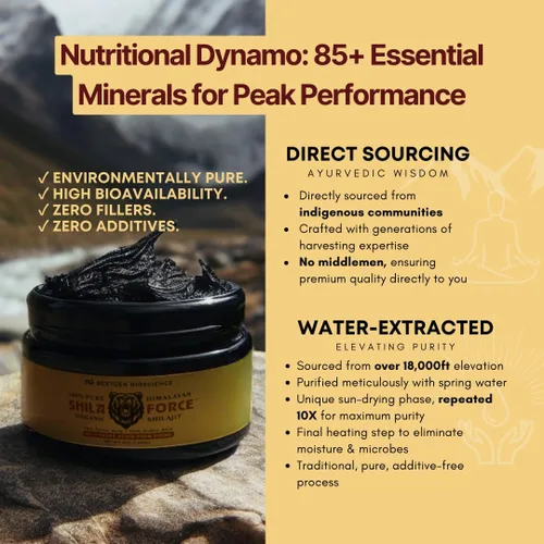 Vista 2 de ShilaForce Shilajit - Resina orgánica del Himalaya cosechada en estado silvestre de grado dorado puro, 500 mg, 70% ácido fúlvico y 10% ácido húmico