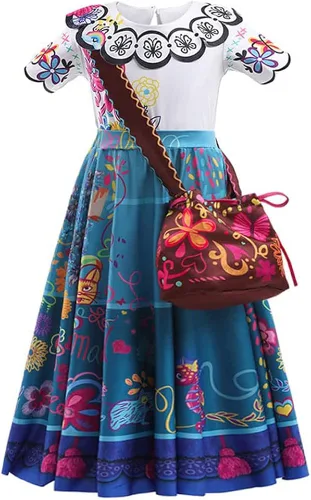Vista 2 de VALOZENC Mirabel Isabella - Vestido de disfraz para niñas, disfraz de princesa Madrigal, disfraz de Halloween con bolsa