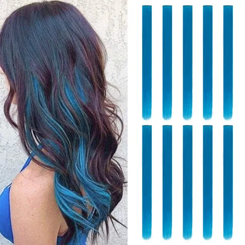 Vista 18 de 20 extensiones de cabello con clip de colores para niñas, extensiones de cabello arcoíris multicolor de 20 pulgadas, reflejos instantáneos, piezas