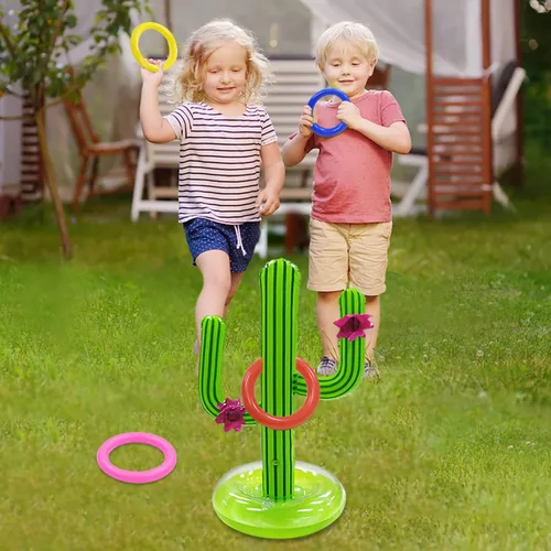 Vista 3 de Juego de juguetes de piscina, aro de baloncesto inflable para piscina, juego de lanzamiento de anillos cruzados y cactus inflables para niños