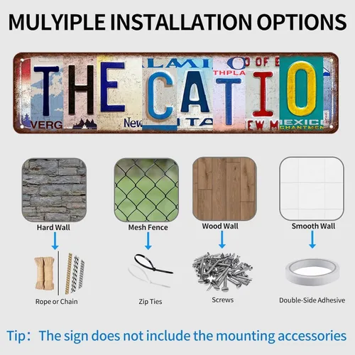Vista 2 de Cartel de metal Catio – Regalo para los amantes de los gatos, divertida decoración de pared de patio de gatos para jardín, casa, bar y cueva